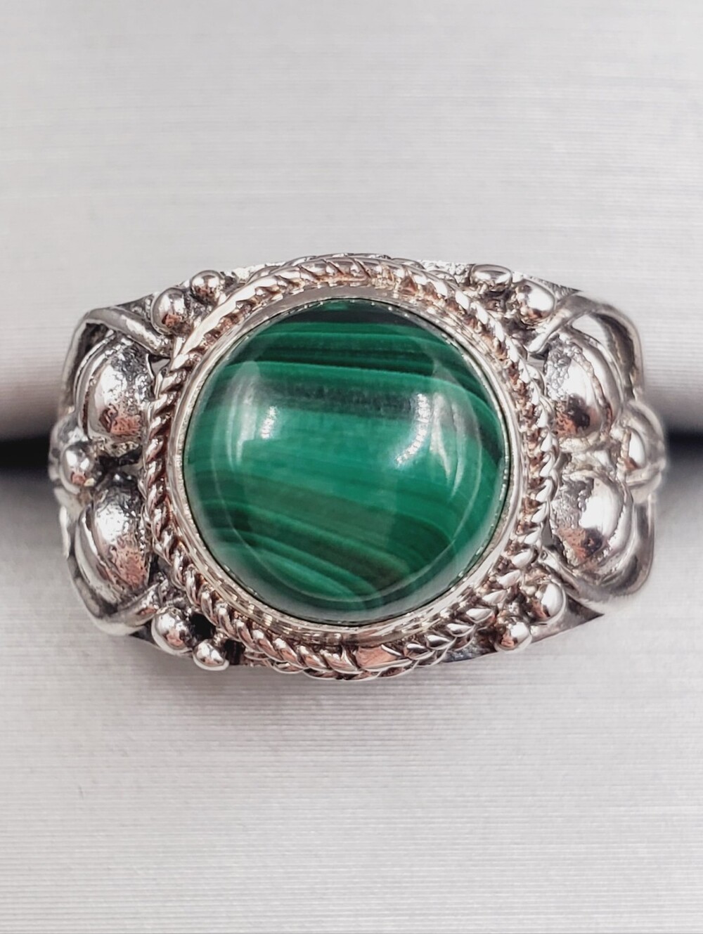 3.5 Carat Green African Malachite 925 Sterling Silver Statement Artisan Ring